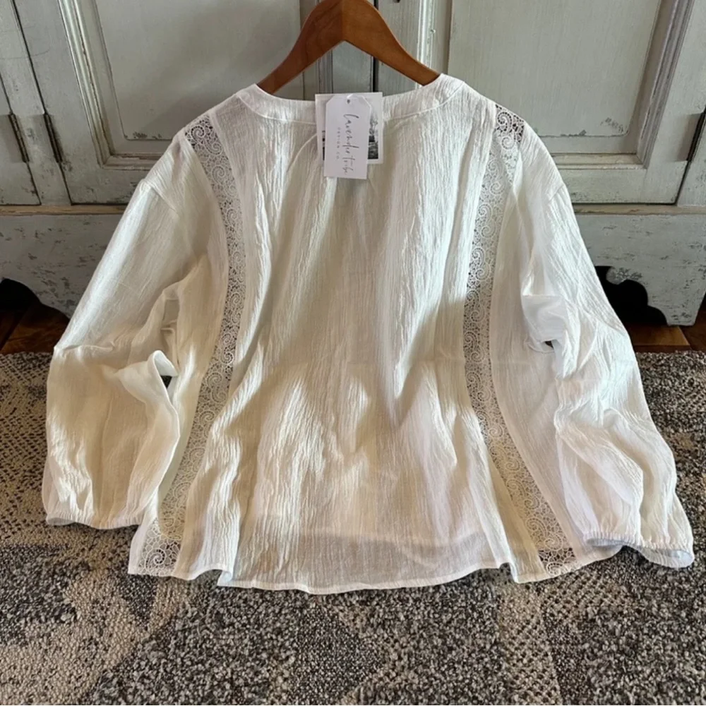 New White Lace Inset 3/4 Sleeve Button Front Floral Blouse Top Women's Boho - Picture 7 of 11